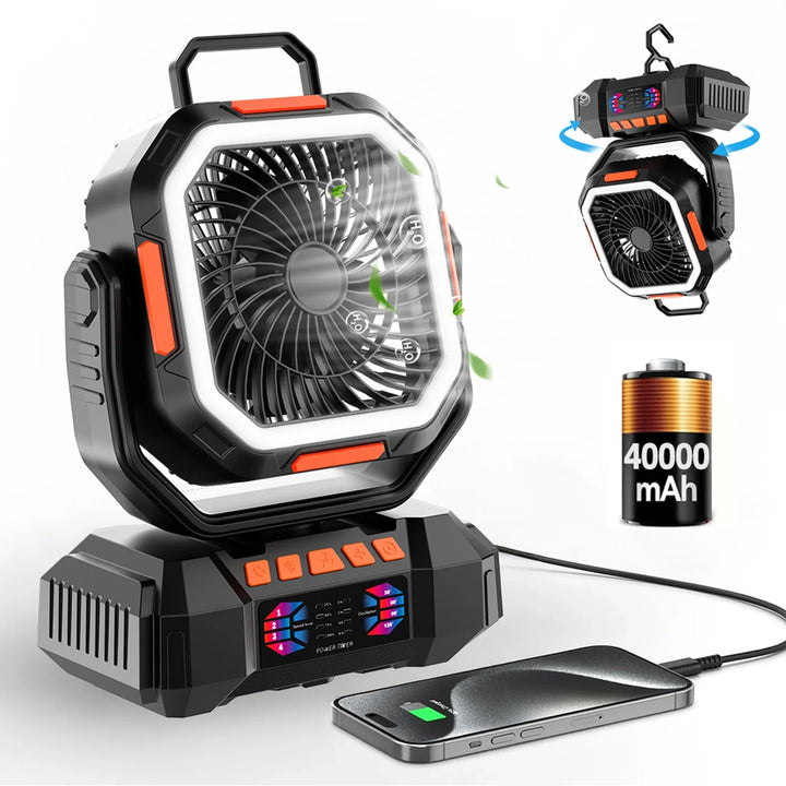 Genopladelig campingventilator med 40000mAh batteri og LED-lampe – F22
