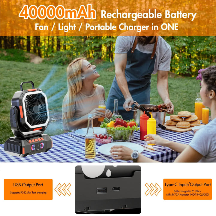 Genopladelig campingventilator med 40000mAh batteri og LED-lampe – F22