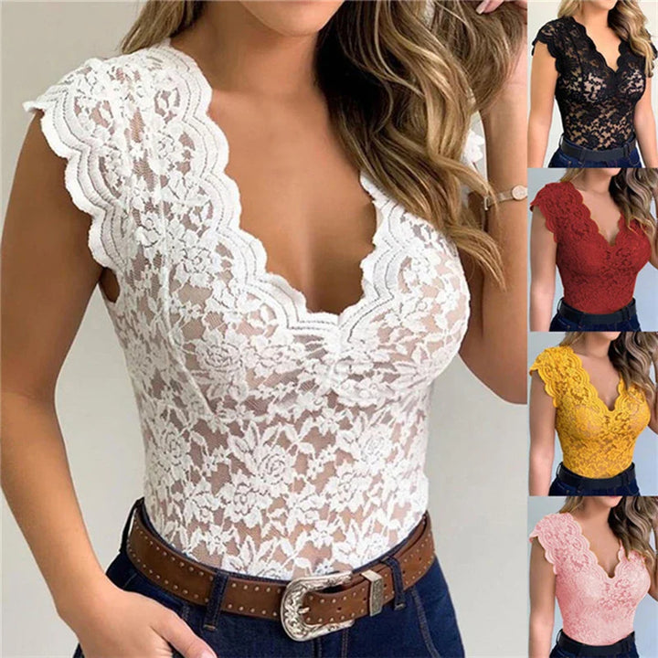 Stilfuld dame sommertop i blonder med blomsterprint - SpitzenLicht