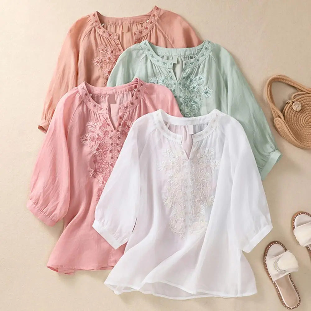 Broderet dame sommerbluse i bomuld – Ysolde