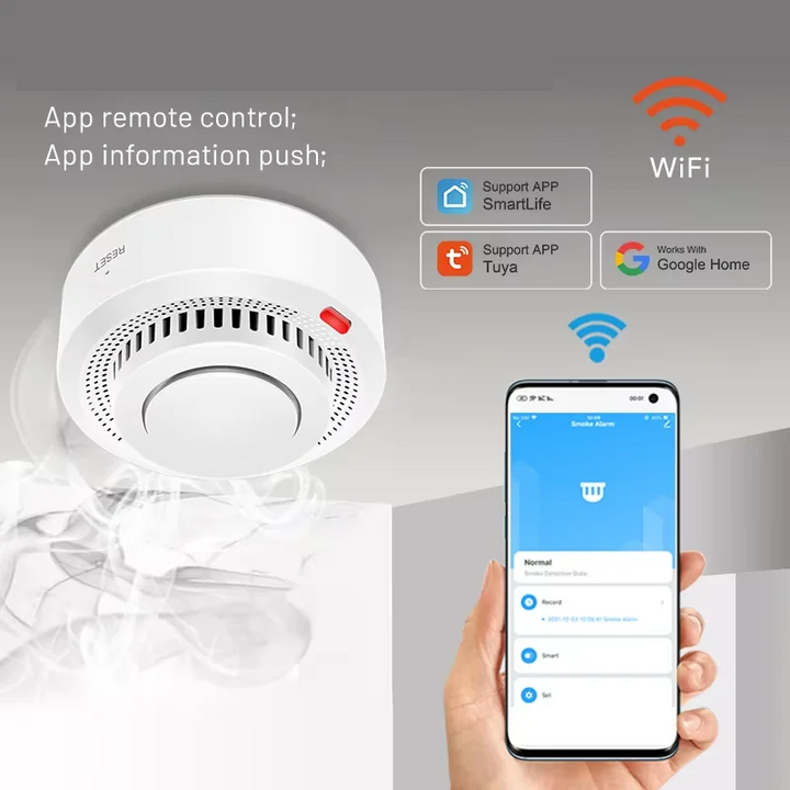 Detector de humo WiFi inteligente Alarma de incendio 85dB – SafeSense