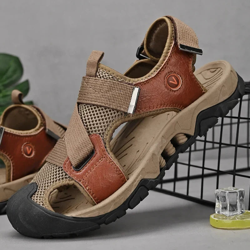 Khaki-colored men's leather sandals in Roman style for summer and leisure – Cassian