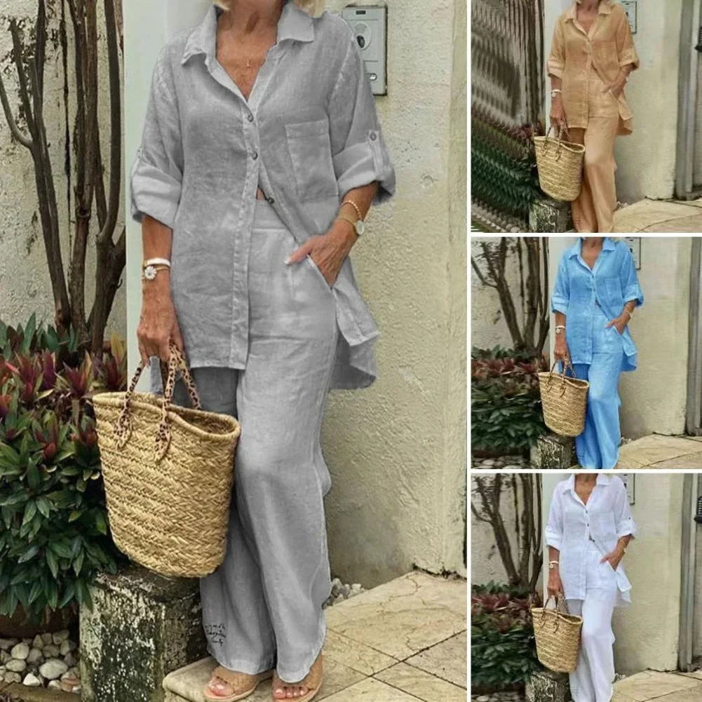Luftig y Estiloso Conjunto Oversized de Lino con Blusa y Pantalón para Mujer – Amaris