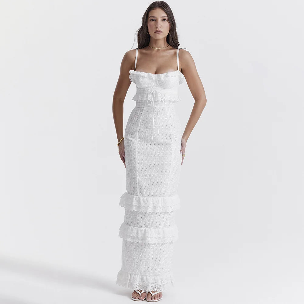 Stylish Embroidered Camisole Maxi Dress in White – Alina