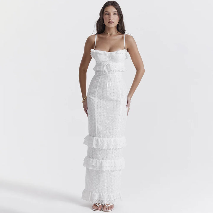 Stylish Embroidered Camisole Maxi Dress in White – Alina