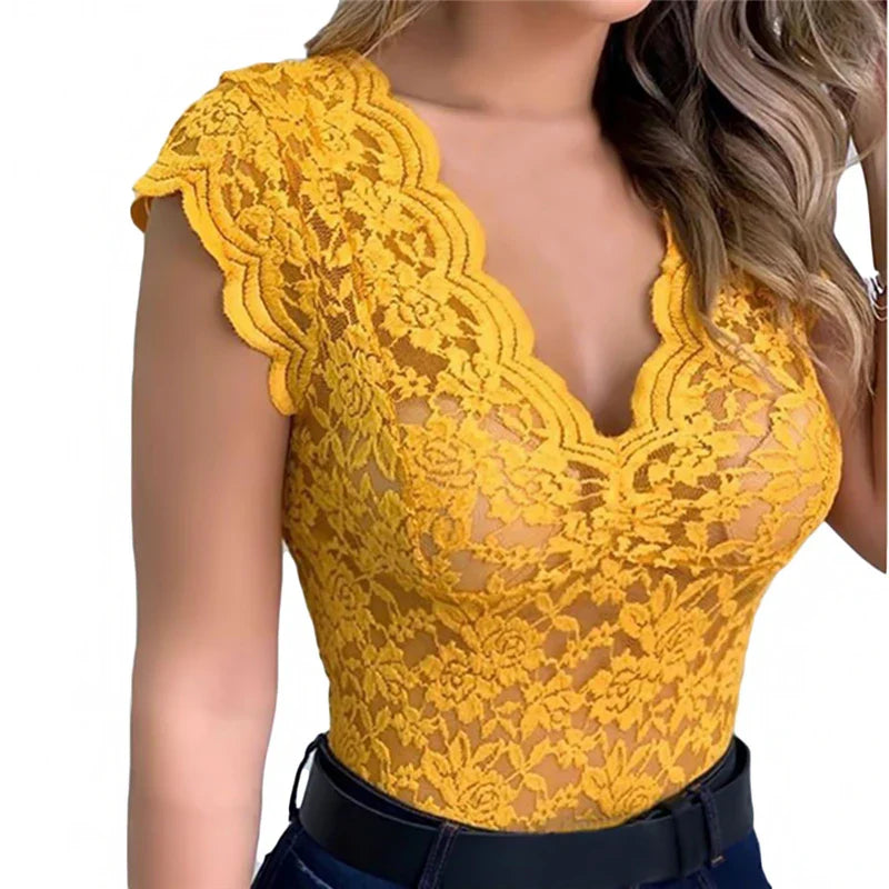 Stilfuld dame sommertop i blonder med blomsterprint - SpitzenLicht