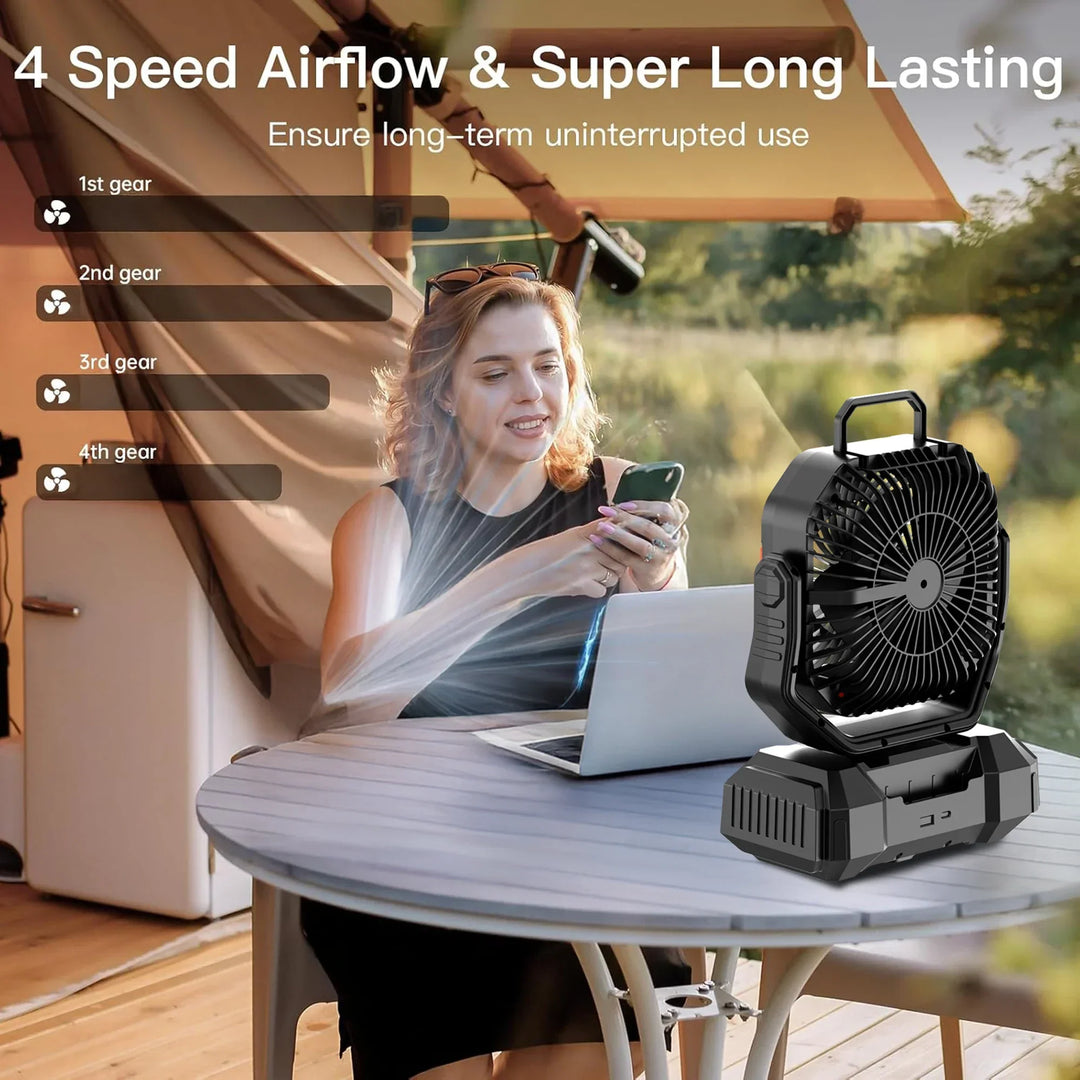 Genopladelig campingventilator med 40000mAh batteri og LED-lampe – F22