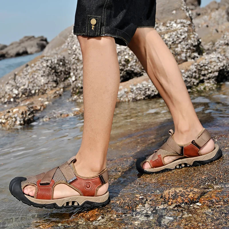 Khaki-colored men's leather sandals in Roman style for summer and leisure – Cassian