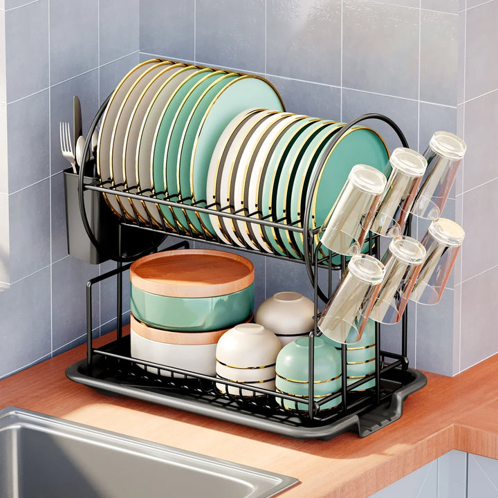Escurridor de platos de 2 niveles con bandeja de goteo y soporte para cubiertos – Aria