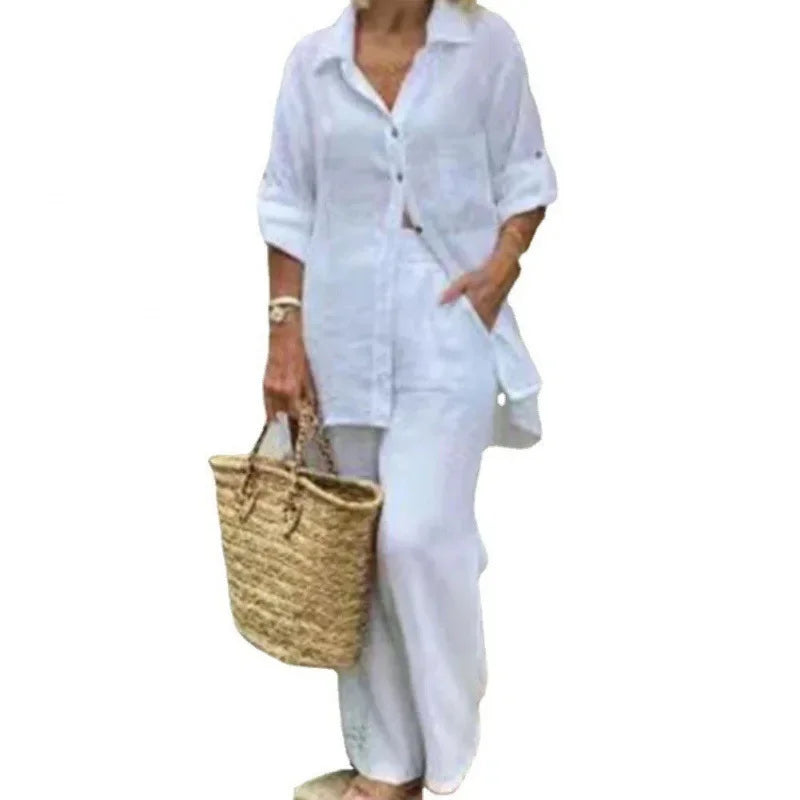 Luftig y Estiloso Conjunto Oversized de Lino con Blusa y Pantalón para Mujer – Amaris