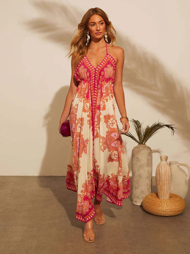 Luftigt & Stilfuldt Boho-maxikjole med Halterneck til Damer – Naya