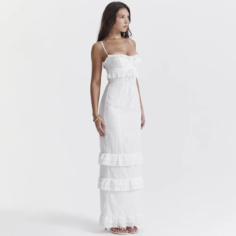 Stylish Embroidered Camisole Maxi Dress in White – Alina