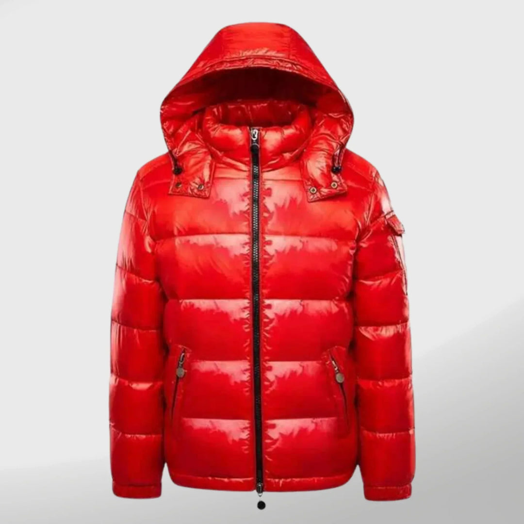 Rote Daunenjacke mit Kapuze, Reißverschluss, Winterjacke, warm, modisch, Herrenbekleidung.