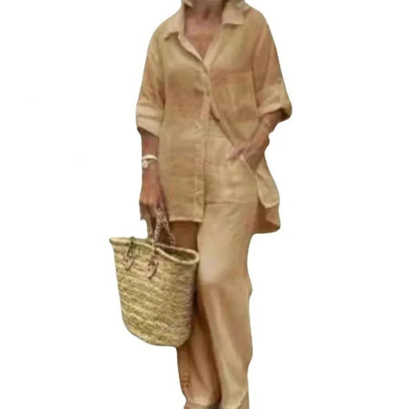 Luftig y Estiloso Conjunto Oversized de Lino con Blusa y Pantalón para Mujer – Amaris