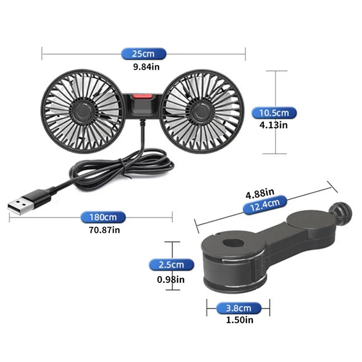 Portable USB Dual-Head Car Fan 360° Rotatable with 3 Speeds – CoolBreeze