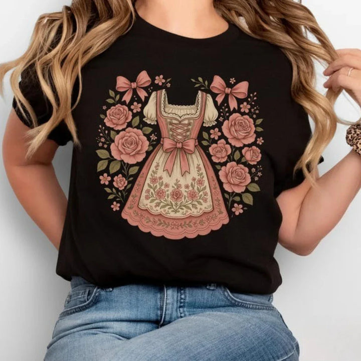 Dame-T-shirt med dirndl-print – RosaBlüte Oktoberfest 2026