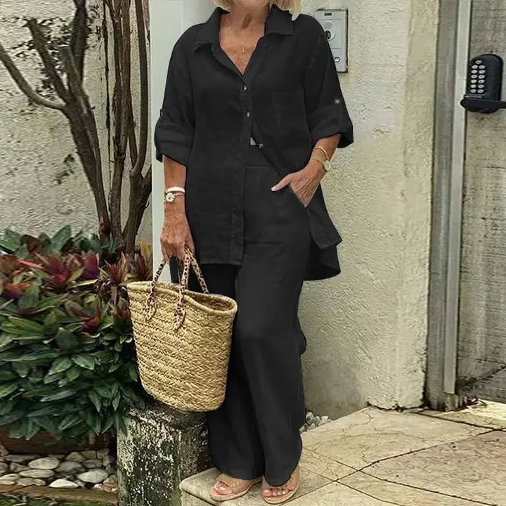 Luftig y Estiloso Conjunto Oversized de Lino con Blusa y Pantalón para Mujer – Amaris