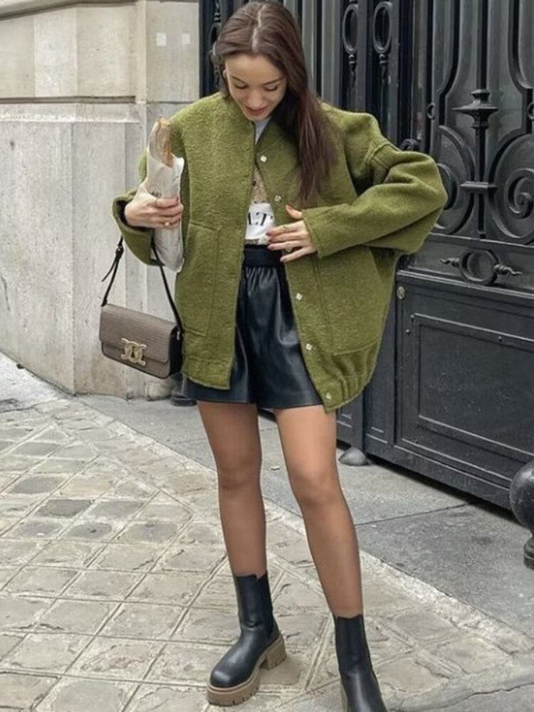 Oversized wool coat with round neckline and buttons - Selena