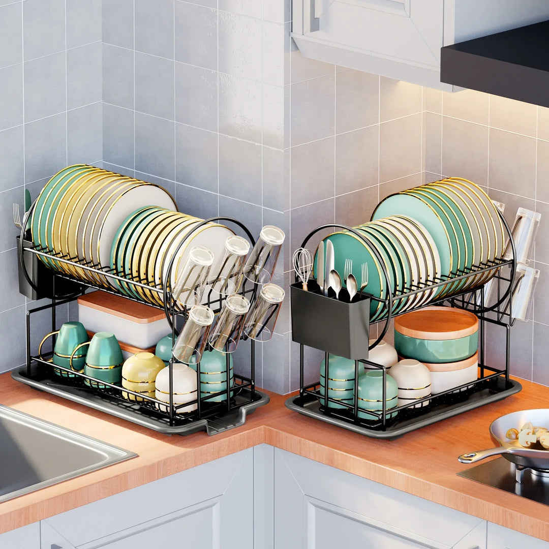 Escurridor de platos de 2 niveles con bandeja de goteo y soporte para cubiertos – Aria