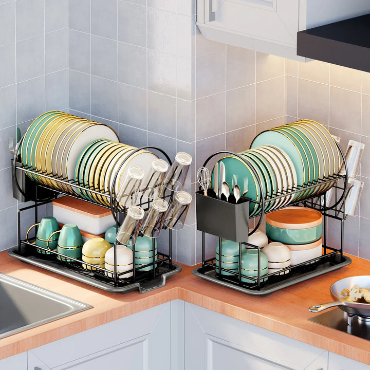 Escurridor de platos de 2 niveles con bandeja de goteo y soporte para cubiertos – Aria