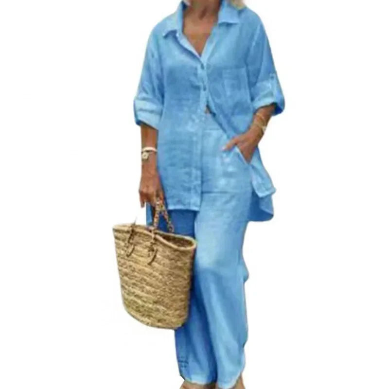 Luftig y Estiloso Conjunto Oversized de Lino con Blusa y Pantalón para Mujer – Amaris