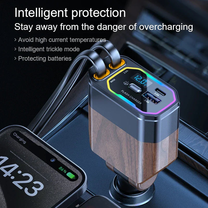 120W 4-in-1 Erweiterbares Autoladegerät mit USB-C- und Zigarettenanzünderadapter – Vega