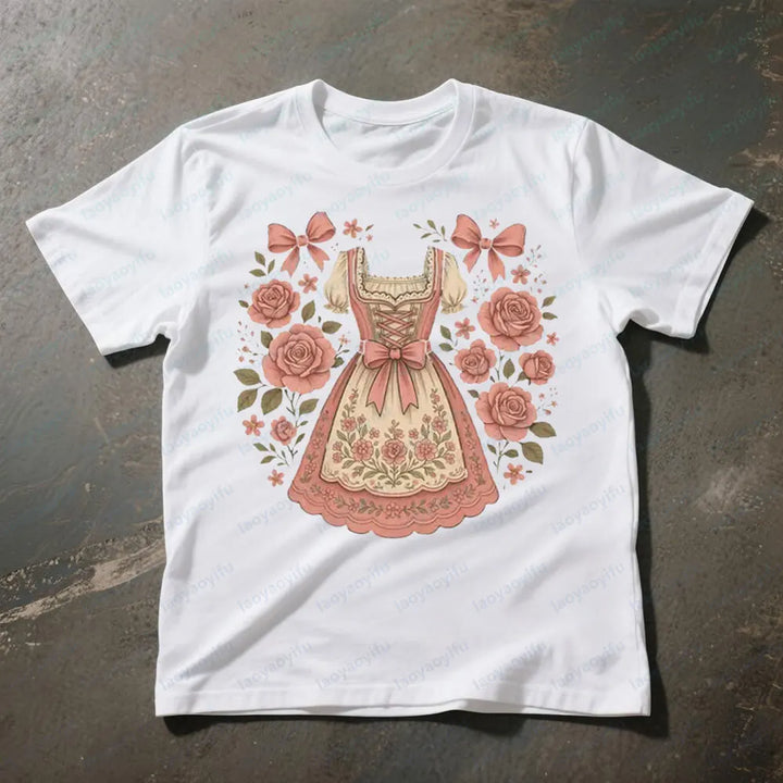Dame-T-shirt med dirndl-print – RosaBlüte Oktoberfest 2026