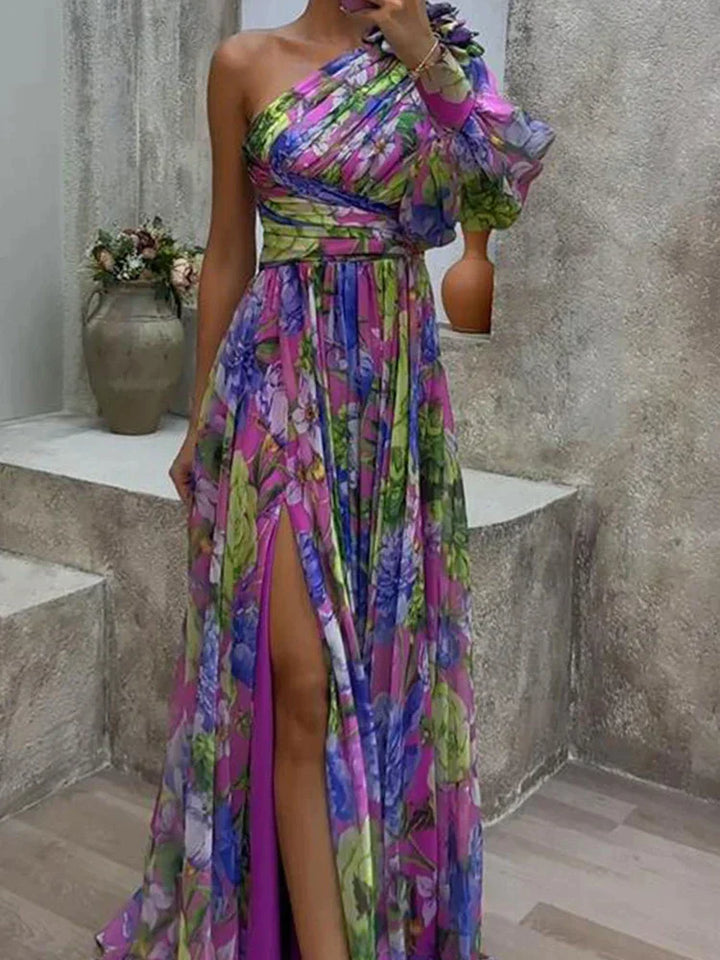 Purple maxi dress with print and side slit, one sleeve - Viola