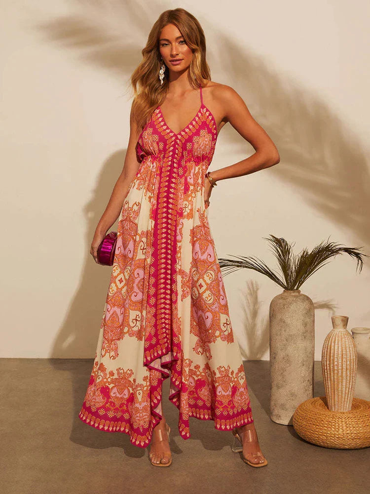 Luftigt & Stilfuldt Boho-maxikjole med Halterneck til Damer – Naya