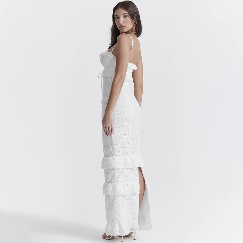 Stylish Embroidered Camisole Maxi Dress in White – Alina
