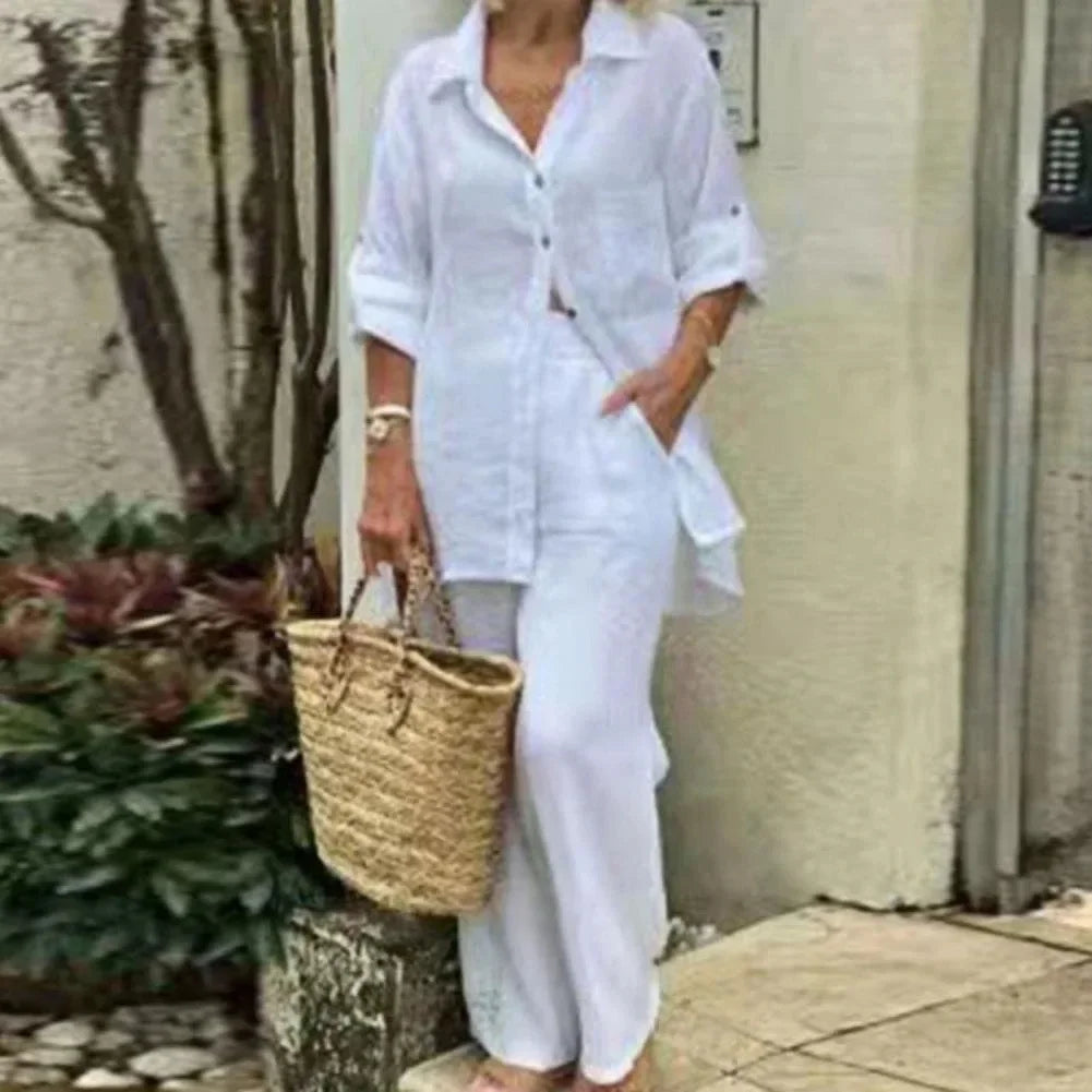 Luftig y Estiloso Conjunto Oversized de Lino con Blusa y Pantalón para Mujer – Amaris