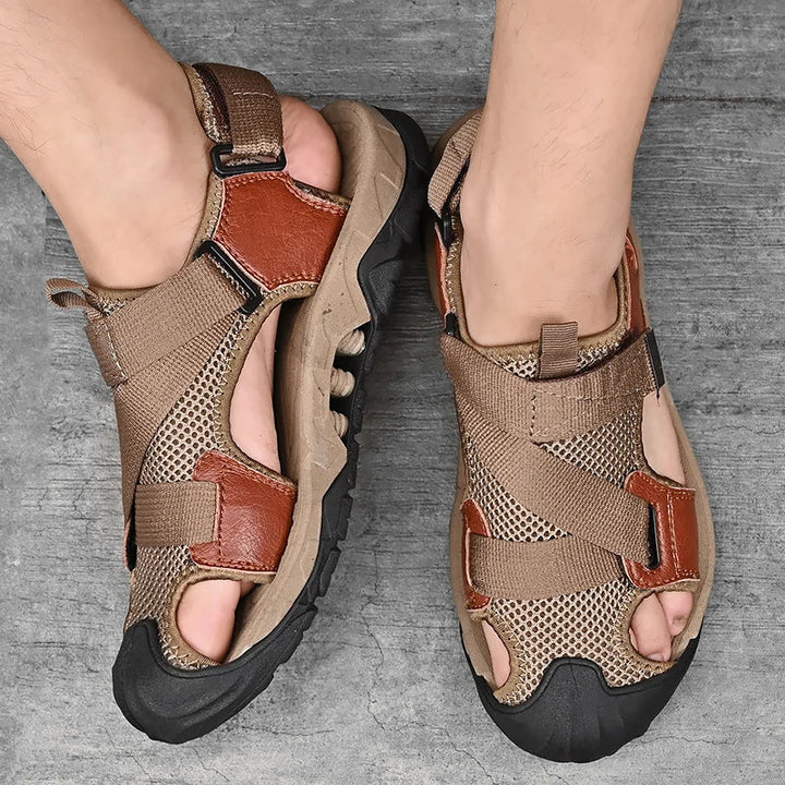 Khaki-colored men's leather sandals in Roman style for summer and leisure – Cassian