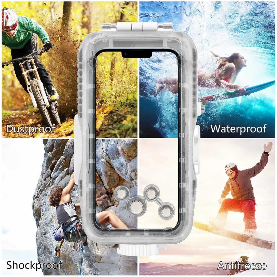 Vandtæt dykkeretui til iPhone med 40 m dybdebeskyttelse og touch-kontrol – AquaShield