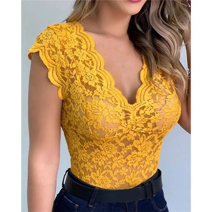Stilfuld dame sommertop i blonder med blomsterprint - SpitzenLicht