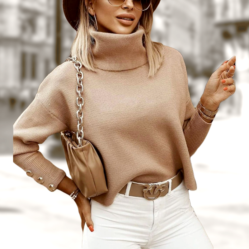Buttoned Women's Turtleneck Sweater with Stylish Detail – Elara