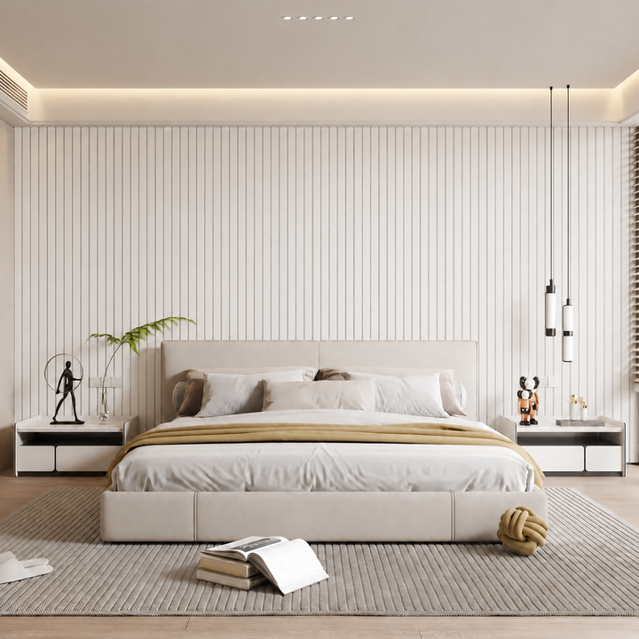 Schlafzimmer mit weißer Lamellenwand hinter dem Bett, helle Einrichtung und Hängeleuchten 9