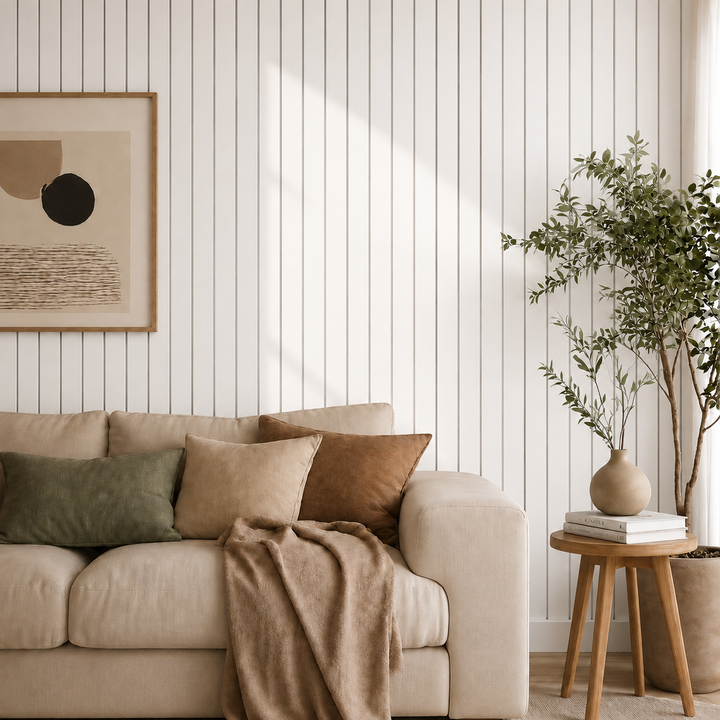 Wohnzimmer mit weißer Lamellenwand hinter beigem Sofa, Gemälde, Olivenbaum und Holzhocker 10