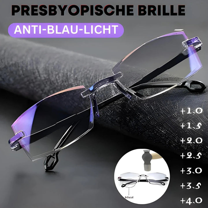 Randlose Lesebrille mit bläulich schimmernden Gläsern liegt auf einer dunklen, strukturierten Oberfläche, daneben eine Liste der verfügbaren Stärken. 2