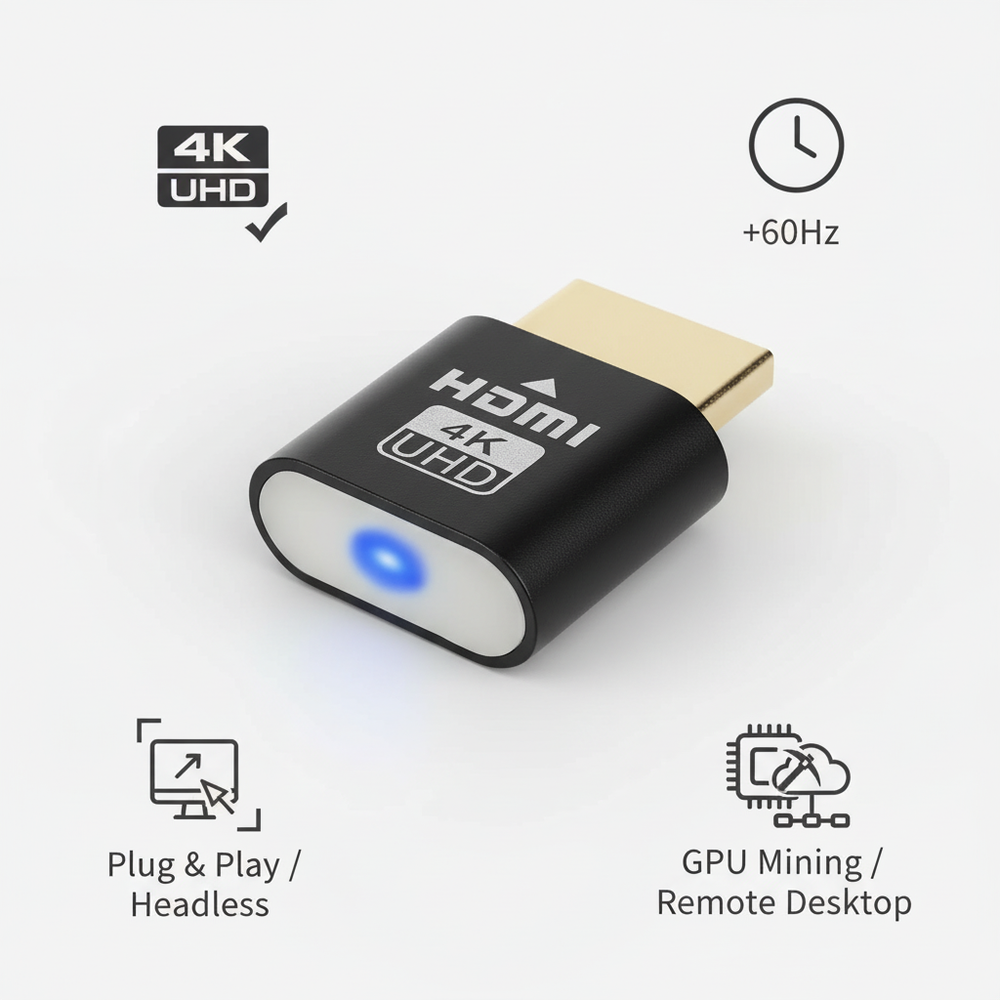 Schwarzer HDMI-Stecker mit blauer LED, umgeben von Symbolen für 4K, 60 Hz, Plug-and-Play-Betrieb und Remote-Desktop-Nutzung. 2