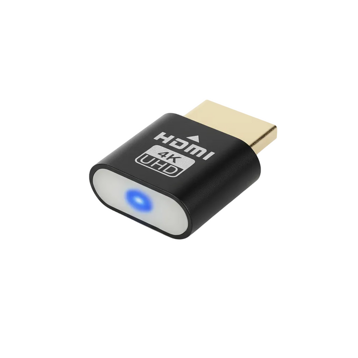 Schwarzer HDMI-Stecker mit vergoldetem Anschluss und leuchtender blauer LED an der Stirnseite, freigestellt auf weißem Hintergrund. 1