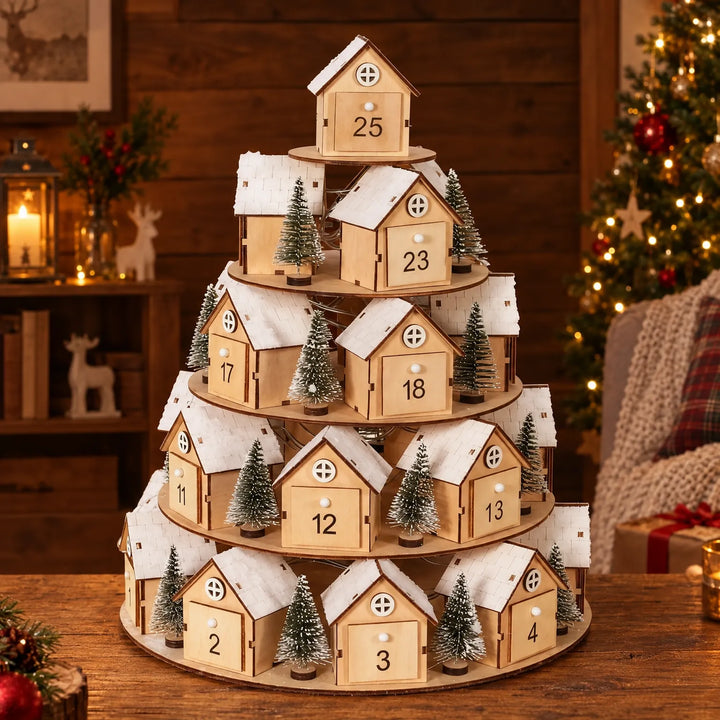 Vierstufiger Holz-Adventskalender mit verschneiten Häuschen und kleinen Tannen, stimmungsvoll auf einem Holztisch vor Weihnachtsbaum und Laterne dekoriert. 1