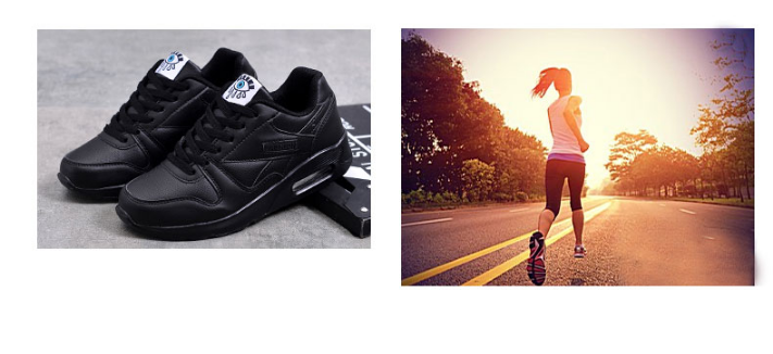 Schwarze Schuhe mit Luftpolster neben einer Läuferin, die bei Sonnenuntergang auf einer Straße joggt 5