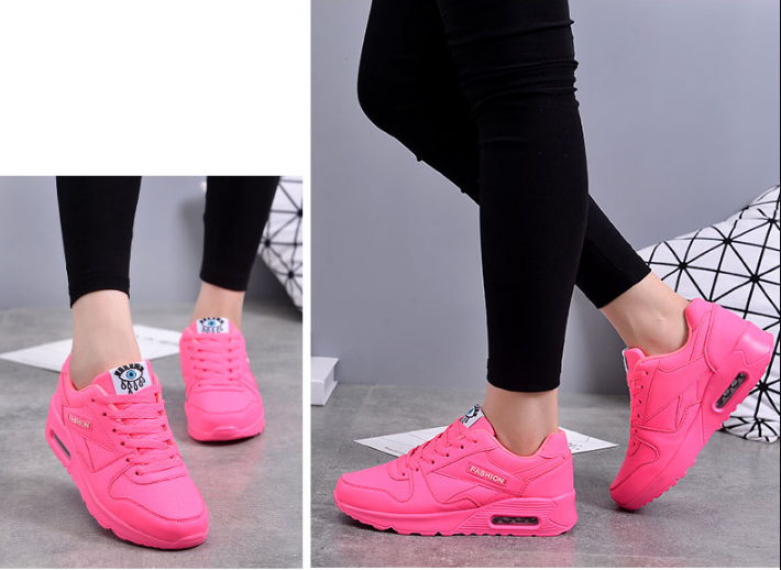 Zwei Ansichten der pinken Schuhe am Fuß, von vorn und von der Seite 6