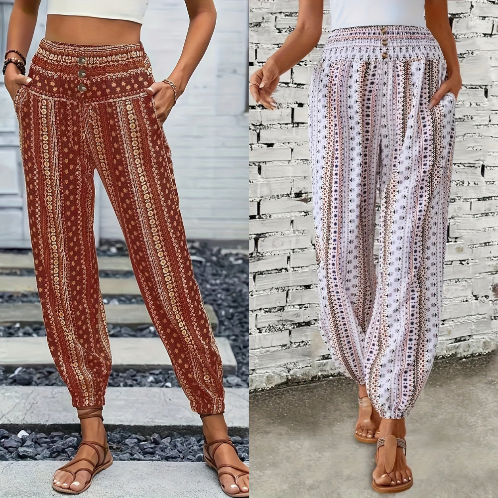 Boho damebukser med høj talje, print og smocket talje – Linara