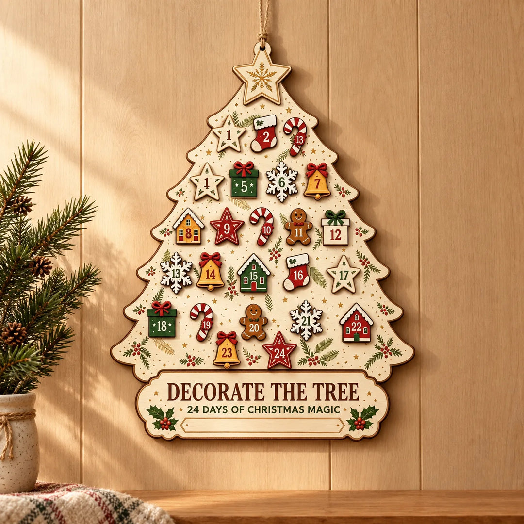 Tannenbaum-Adventskalender aus Holz hängt an einer hellen Holzwand, daneben ein Tannenzweig und ein Keramiktopf, bunte Weihnachtsfiguren mit Zahlen. 1