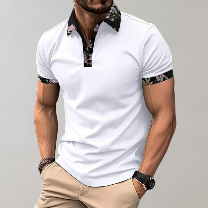 Herren Poloshirt weiß mit Blumenmuster, Kurzarm, Freizeitmode, stilvoll, Baumwolle.