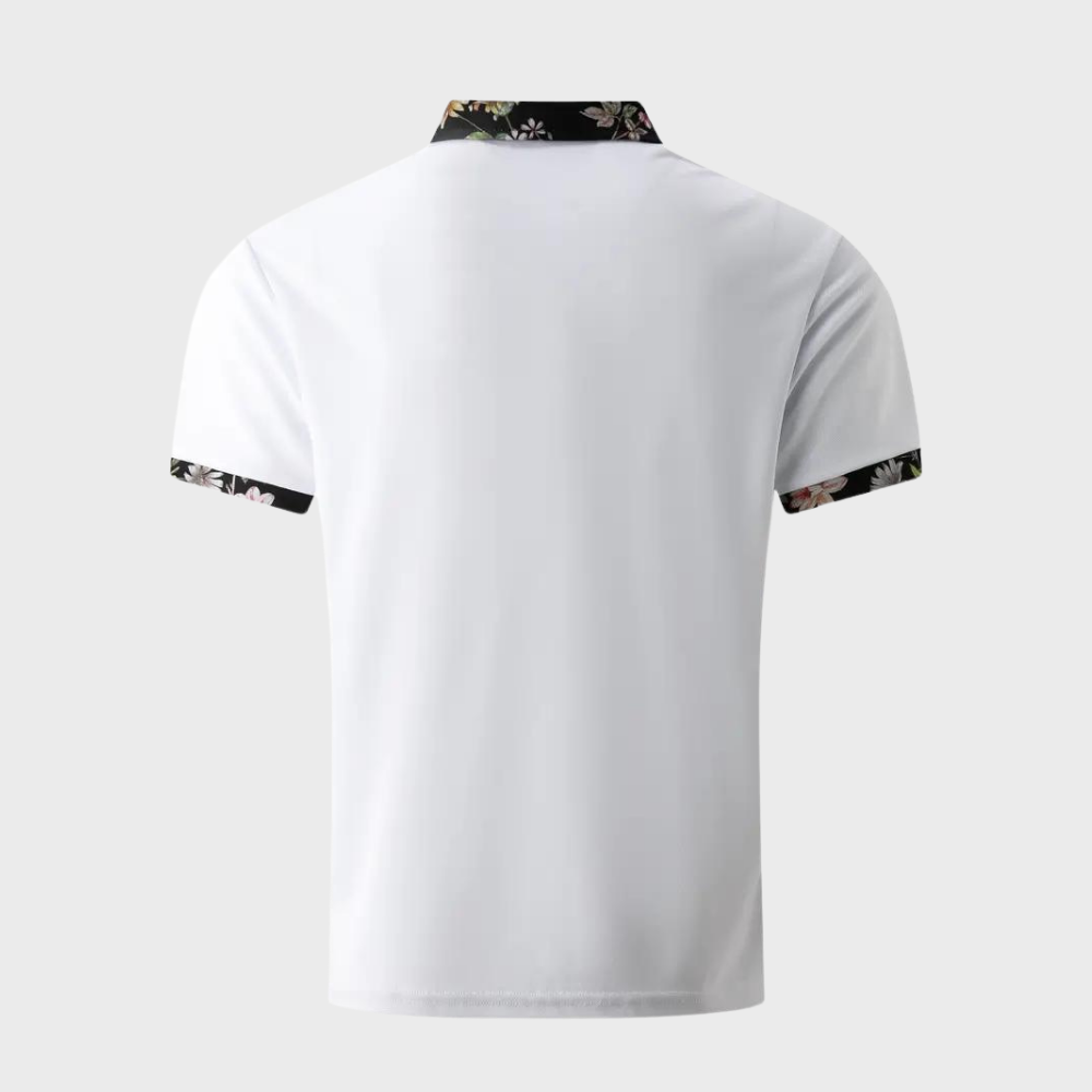 Weiße Herren-Poloshirt mit Blumenmuster-Kragen, kurzärmelig, Baumwolle.