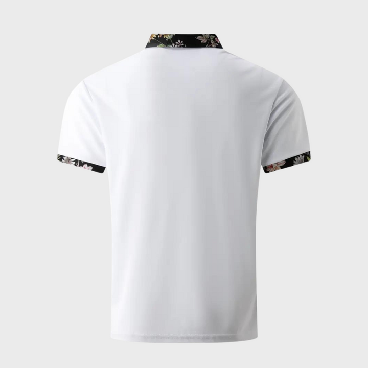 Weiße Herren-Poloshirt mit Blumenmuster-Kragen, kurzärmelig, Baumwolle.