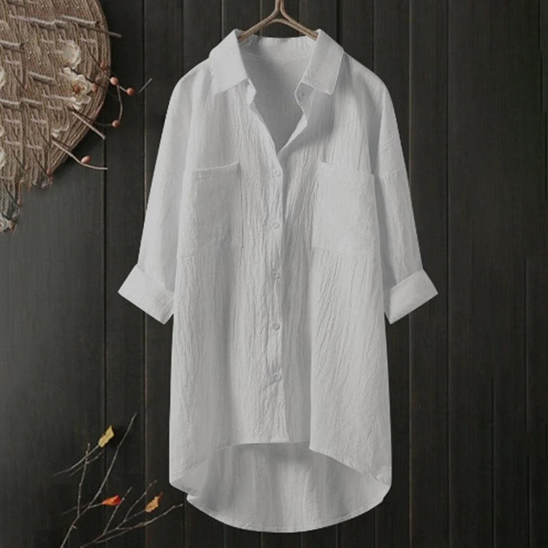 Blusa femenina ligera con mangas largas y bolsillos delanteros – Selene