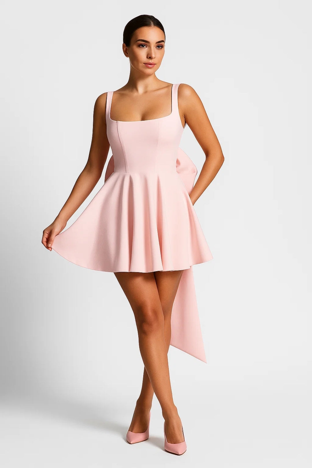 Model trägt das Minikleid in zartem Rosa mit passenden Pumps, den Rock leicht angehoben 6